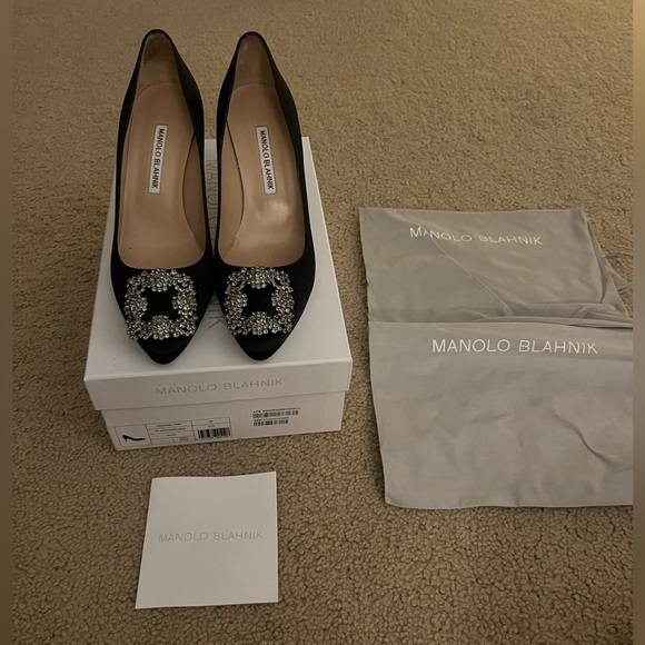 Manolo Blahnik Hangisi 70mm Black Heels with Crystal Accents - Picture 1 of 12